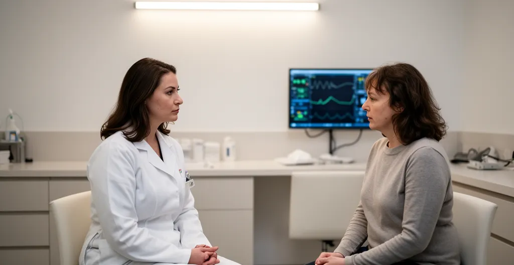 Médecin en blouse blanche et patiente en discussion dans un cabinet médical moderne