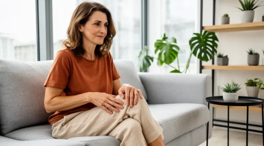 Femme assise sur un canapé palpant légèrement sa cuisse avec une expression pensive