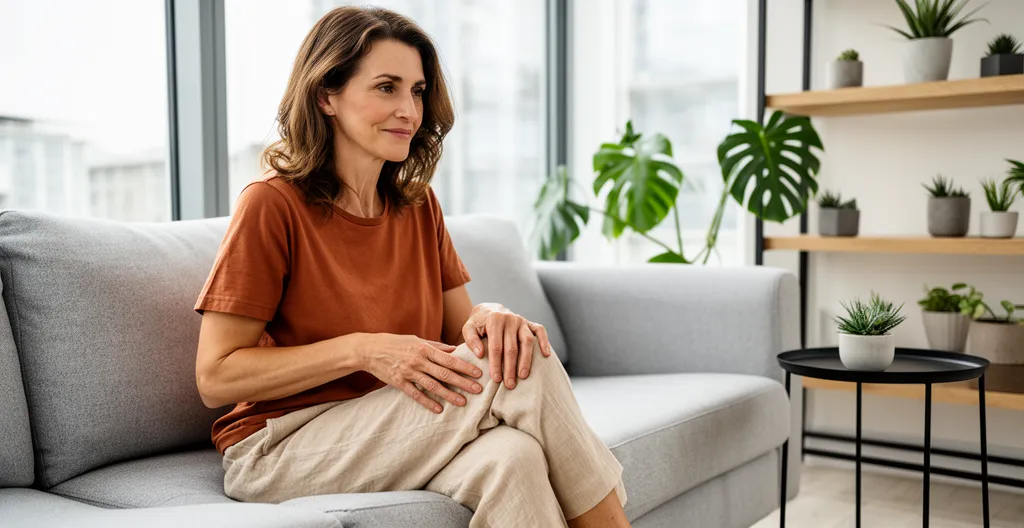 Femme assise sur un canapé palpant légèrement sa cuisse avec une expression pensive