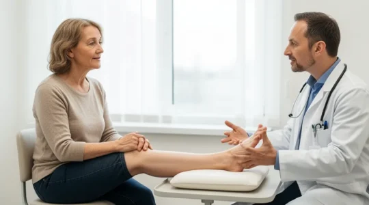Patiente en consultation orthopédique pour hallux valgus, cabinet médical lumineux