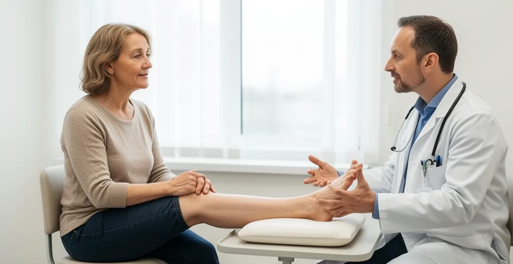 Patiente en consultation orthopédique pour hallux valgus, cabinet médical lumineux