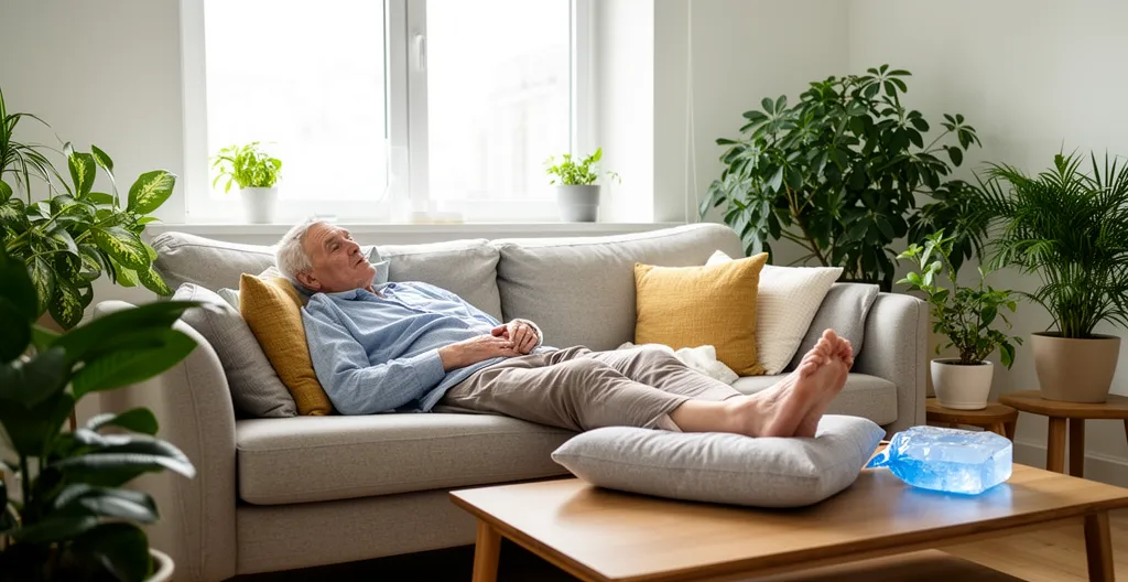Patient en récupération à domicile avec pied surélevé sur coussin